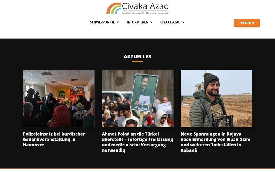 Website-Ansicht von Civaka Azad mit Navigation und redaktionellen Inhalten