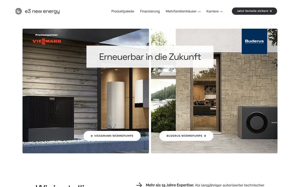 Website-Ansicht von E3 New Energy mit Navigation und dem Angebot für erneuerbare Energien